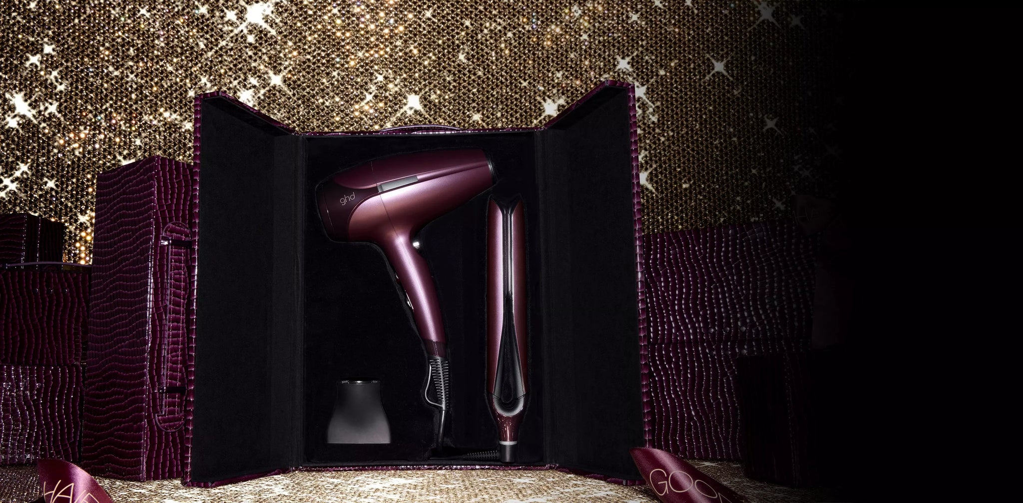 NEW GHD DELUXE HELIOS HAIR DRYER AND CHRONOS STRAIGHTENER GIFT SET IN CHERRY CHIC